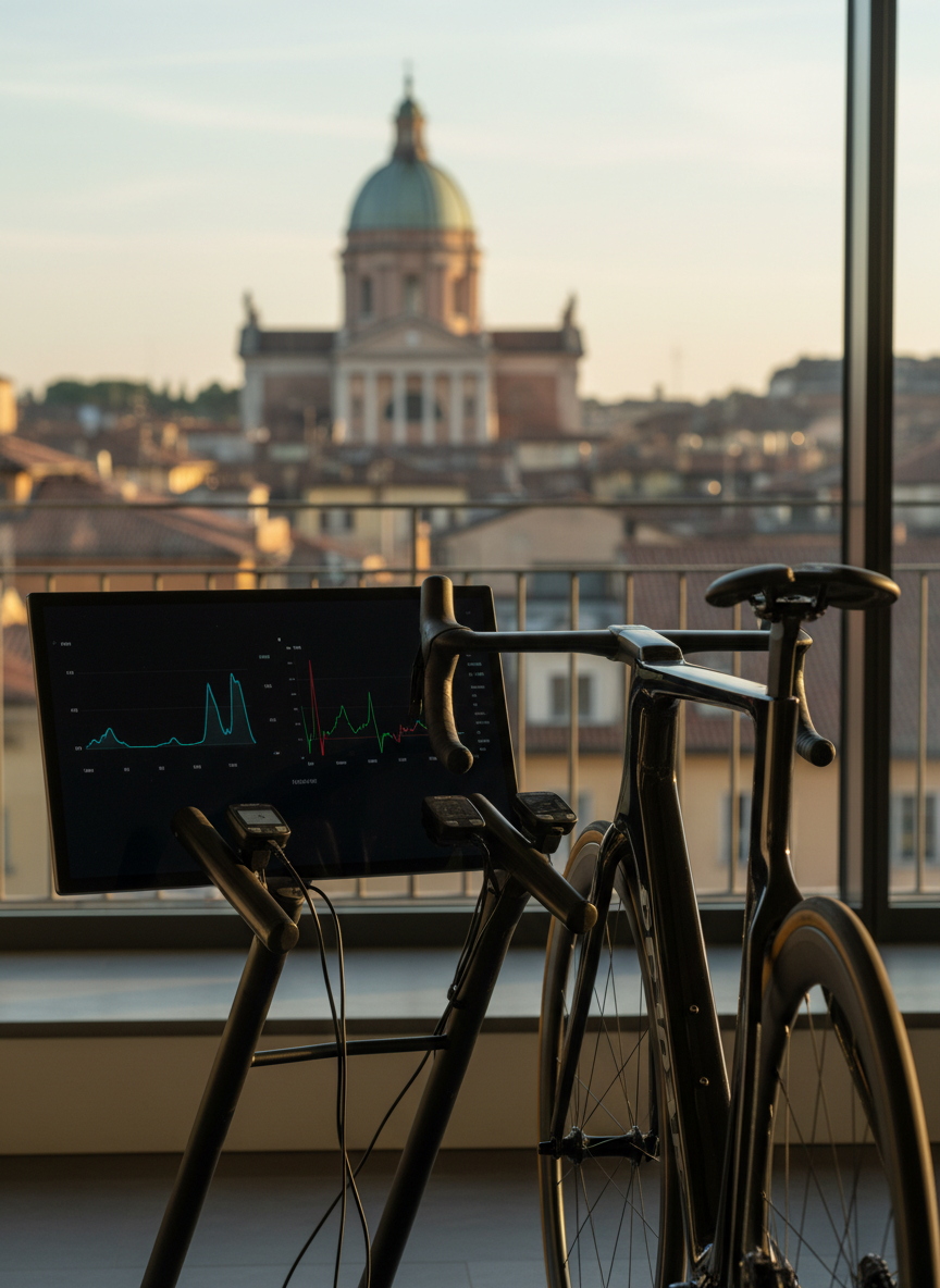 Un telaio da corsa montato su un sofisticato rullo smart in una stanza luminosa con vista sui tetti di Vicenza e sulla Basilica Palladiana in lontananza, visibili attraverso una grande finestra sfocata. Sotto al manubrio, sensori di potenza e cadenza ben visibili collegati a uno schermo grande che mostra grafici di potenza e frequenza cardiaca, senza testo leggibile. La luce del tardo pomeriggio filtra calda, creando riflessi sulle superfici lucide del telaio e del rullo. L’atmosfera è concentrata e tecnologica. Ripresa leggermente dall’alto, con il rullo in primo piano e lo sfondo fuori fuoco, fotografia realistica, pulita e professionale, focalizzata su allenamento strutturato e performance.